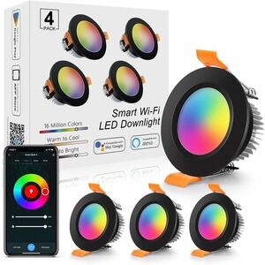 4x‎ LightingWill 2" WiFi Smart LED Downlight RGB 5W Recessed Ceiling Light Black